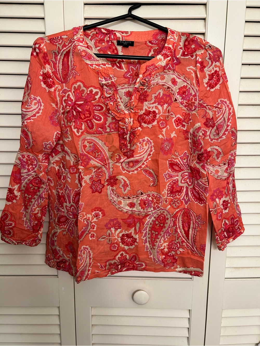 Talbots Coral Pink Paisley Ruffle V-Neck Blouse - Picture 2 of 4